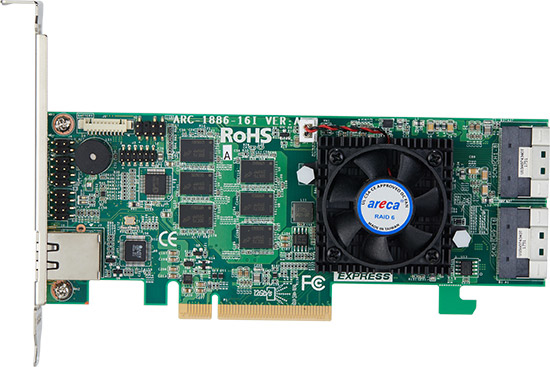 ARECA 16 port Tri Mode RAID PCIe 4 x8, 8GB Cache, 2x SlimSAS (SFF-8654), LP