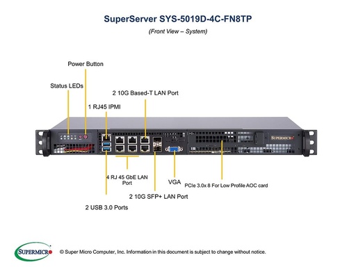 [SYS-5019D-4C-FN8TP] Skylake D, X11SDV-4C-TP8F, 505-203B,RoHS