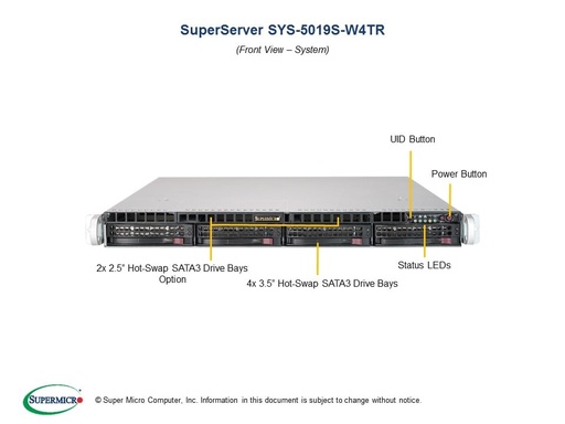 [SYS-5019S-W4TR] (EOL)1U WIO X11SSW-4TF, 815TQC-R504WB2,HF,RoHS